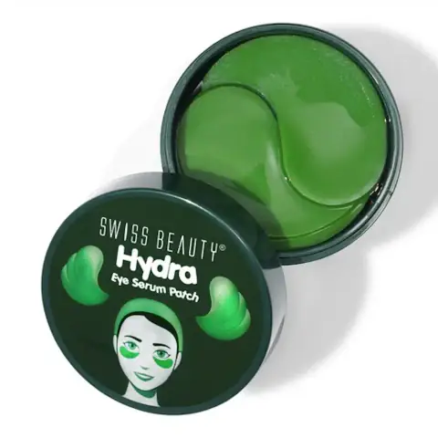 Swiss Beauty Hydra Aloevera Eye Serum Patch 60 PCS in distinct green and white packaging, angled view.