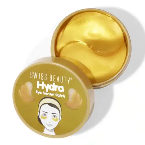 Open jar of Swiss Beauty Hydra Vitamin C Eye Patches, showing yellow serum patches and tweezers.