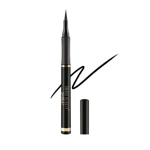 Swiss Beauty Jet Black Bold Felt Tip Eyeliner pen, closed, standing upright, with brand logo visible on its body.