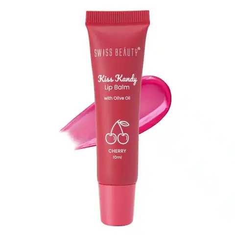 Swiss Beauty Cherry Lip Balm tube standing upright, showing vibrant red packaging and clear cap.