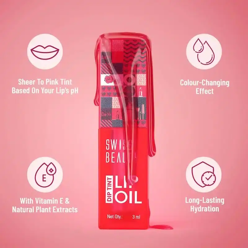 Close-up of Swiss Beauty Peach Dip Tint 03 applicator and a glossy peach swatch on skin. - thumbnail