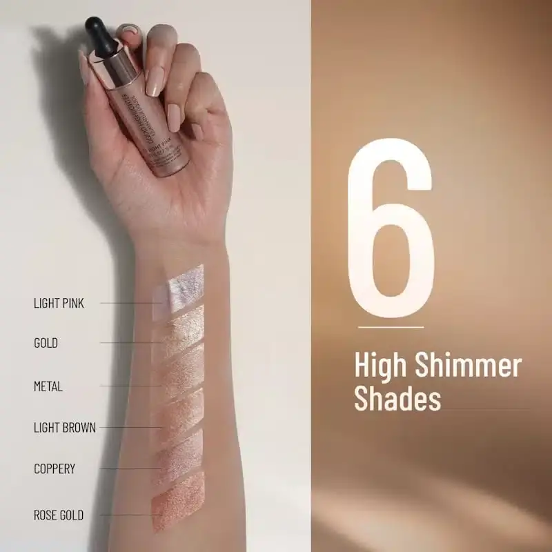 Angled Swiss Beauty Light Pink Liquid Highlighter alongside a shimmering swatch on skin. - thumbnail