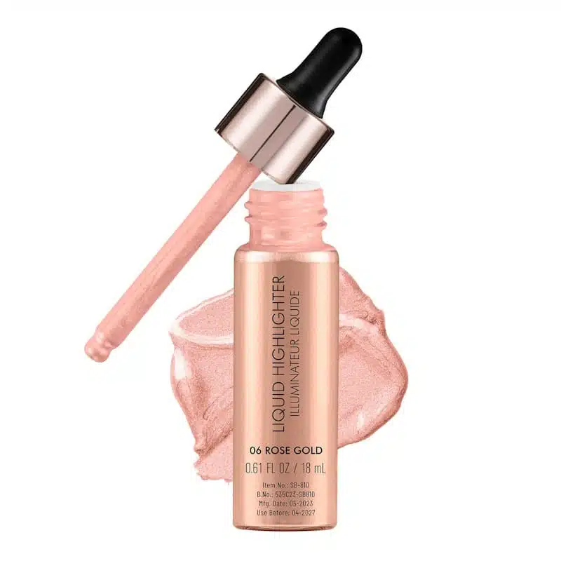 Swiss Beauty Rose Gold Liquid Highlighter in a sleek clear bottle with black pump and cap. - thumbnail