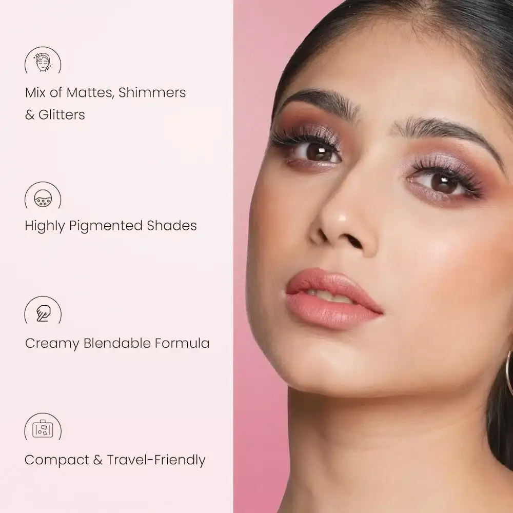 Open Swiss Beauty Lustre Eyeshadow Palette revealing nine shimmering nude and brown shades with applicator. - thumbnail