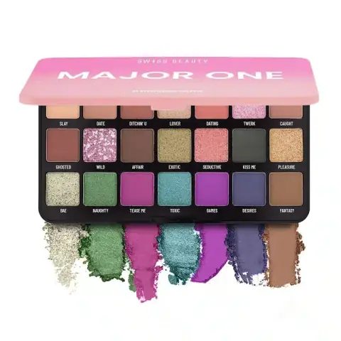 Front view of Swiss Beauty Major One 21-color eyeshadow palette, closed black packaging.