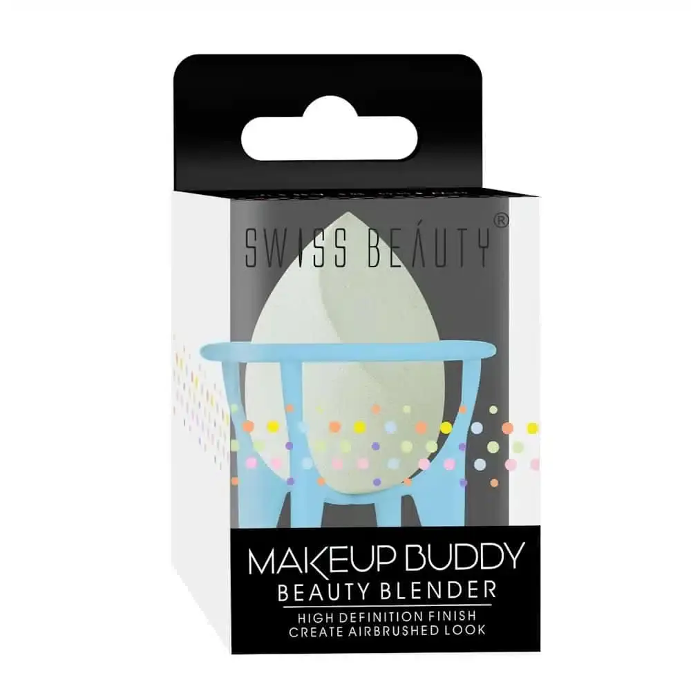 Soft green Swiss Beauty Makeup Buddy beauty blender, teardrop shape, standing upright on white background. - thumbnail