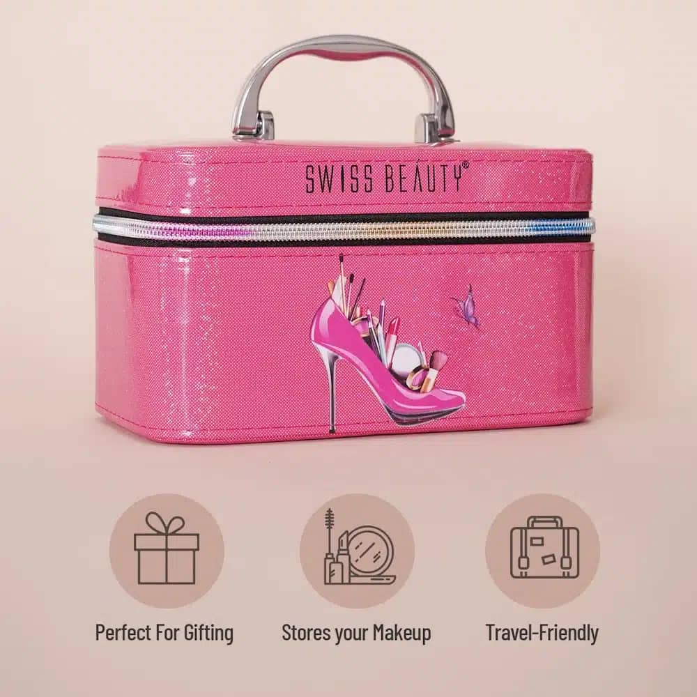 Large Swiss Beauty makeup vanity box in mixed pastel colors, securely closed with a metal clasp. - thumbnail