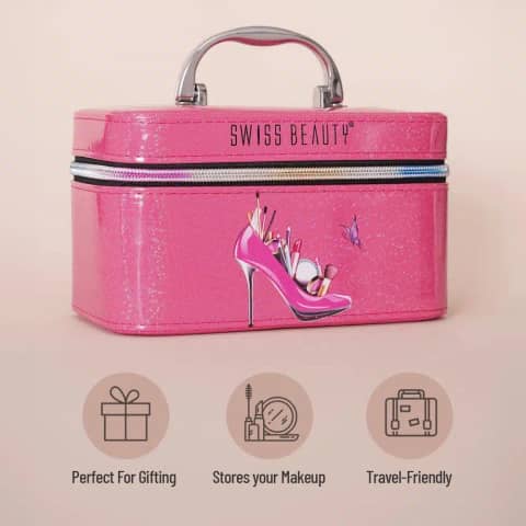 Large Swiss Beauty makeup vanity box in mixed pastel colors, securely closed with a metal clasp.