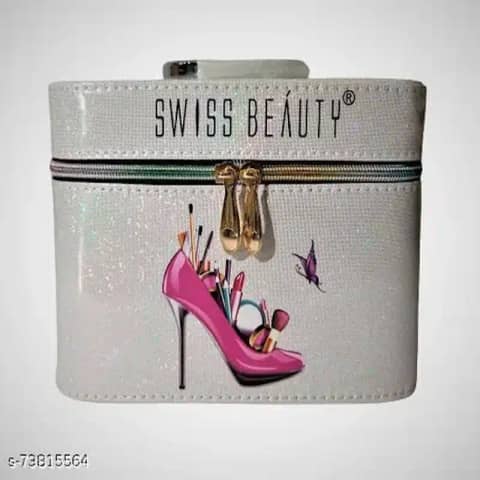 Swiss Beauty medium makeup vanity box in mixed rose gold and silver, closed, front view with handle.