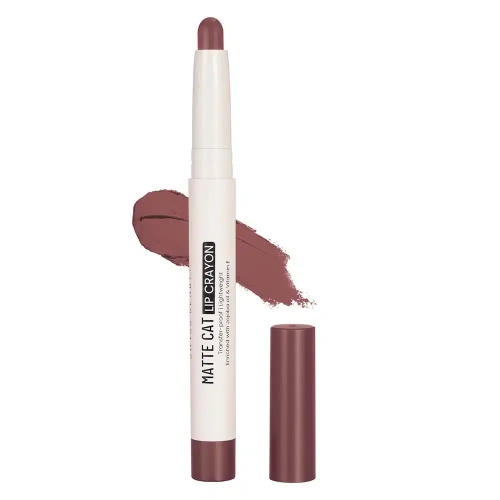 Swiss Beauty Matte Cat Lip Crayon in Brick Shell 03 standing upright, showing its sleek reddish-brown packaging. - thumbnail