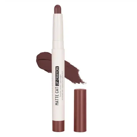 Swiss Beauty Matte Cat Lip Crayon in Chocolate Fudge, sleek black packaging, unique cat ear cap design.