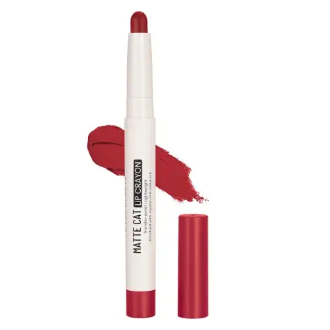 Swiss Beauty Matte Cat Lip Crayon in Murphy Red Chilli, sleek black tube, full product shot.