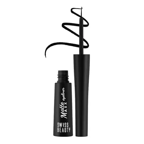 Swiss Beauty Matte Eyeliner Black 4g standing upright, showcasing sleek packaging with gold text.