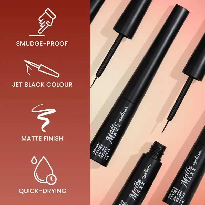Swiss Beauty Matte Eyeliner Black with cap off, revealing fine-tipped applicator brush and liquid. - thumbnail