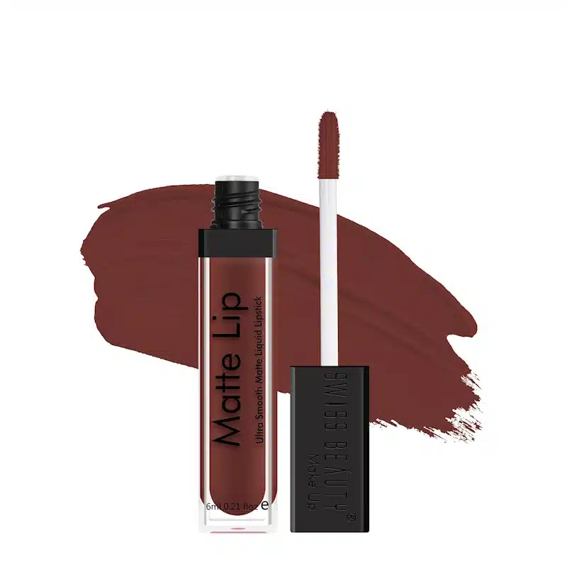 Swiss Beauty Matte Liquid Lipstick in deep maroon, sleek black tube with gold details and applicator. - thumbnail