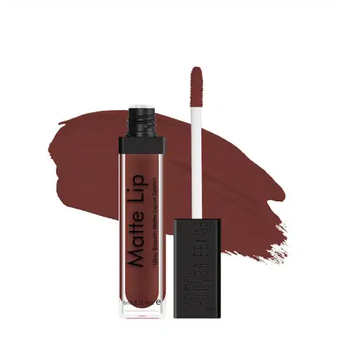 Swiss Beauty Matte Liquid Lipstick in deep maroon, sleek black tube with gold details and applicator.