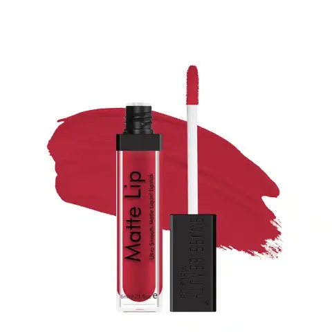 Swiss Beauty Hot Red 01 matte liquid lipstick in a sleek black tube with visible applicator.