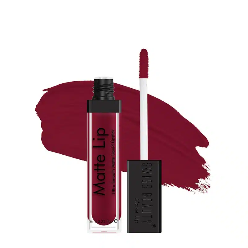 Swiss Beauty Matte Liquid Lipstick Mahogany 38, full tube with clear body and black cap. - thumbnail