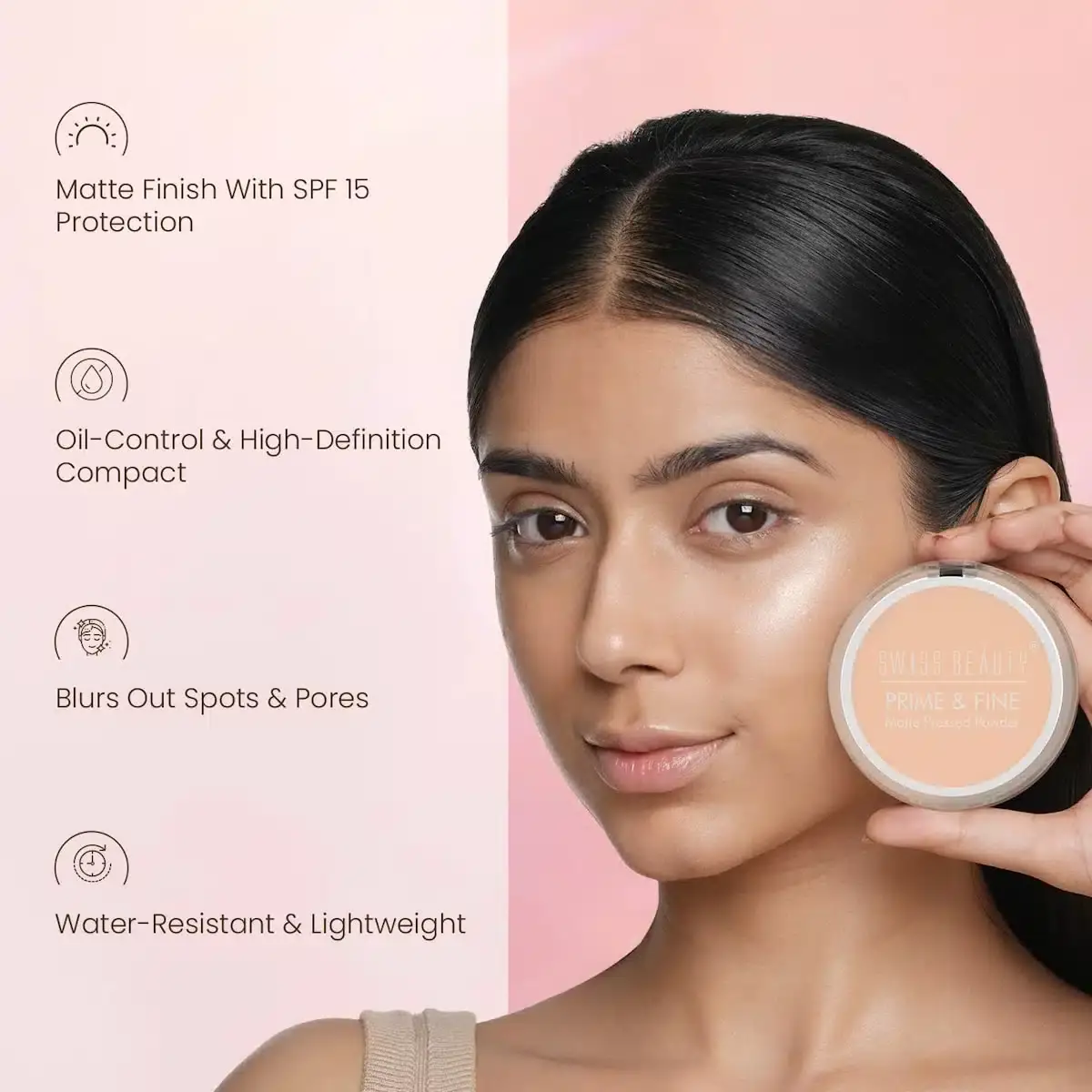 Swiss Beauty Matte Pressed Powder compact open, revealing powder pan, mirror, and applicator space. - thumbnail