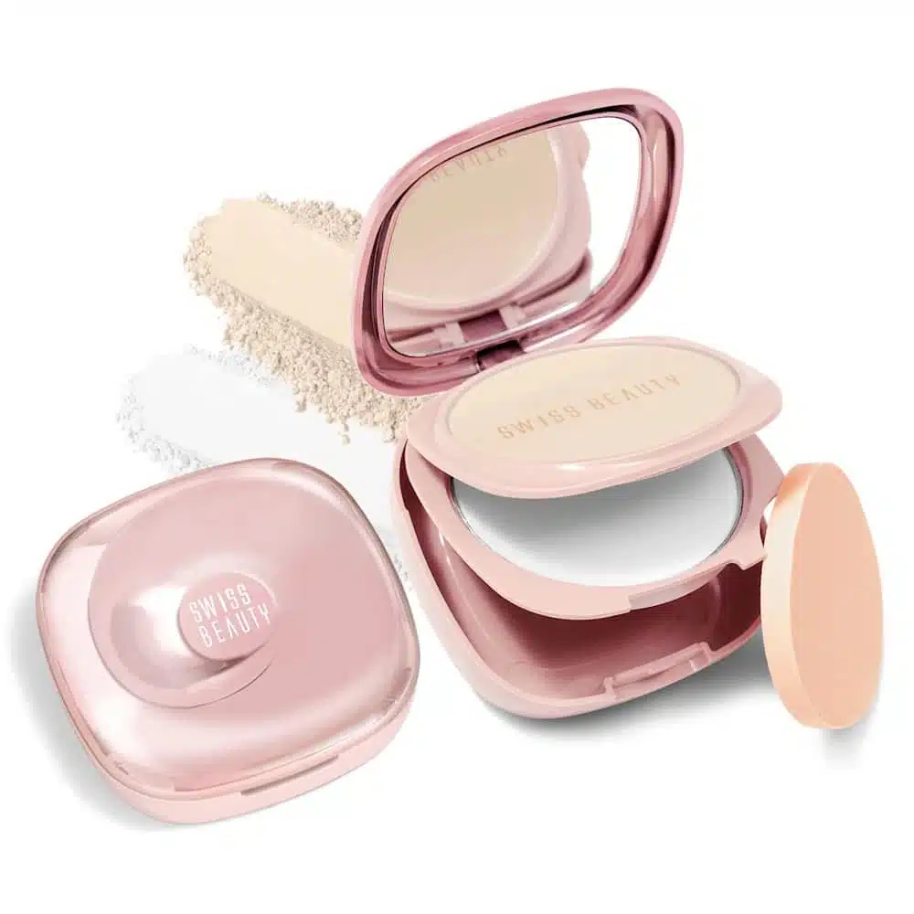 Swiss Beauty Matte & Set Duo Compact Powder Beige 02 in its elegant closed black case. - thumbnail