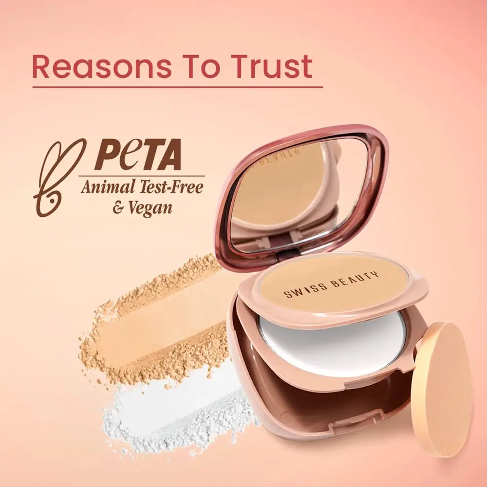 Hand holding open Swiss Beauty Matte & Set Duo Compact Powder Beige 02. - thumbnail