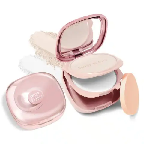 Swiss Beauty Matte & Set Duo compact powder in Ivory 01, closed sleek black case.