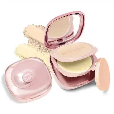 Swiss Beauty Matte & Set Duo Compact Powder Sand 03, closed, featuring elegant black packaging.