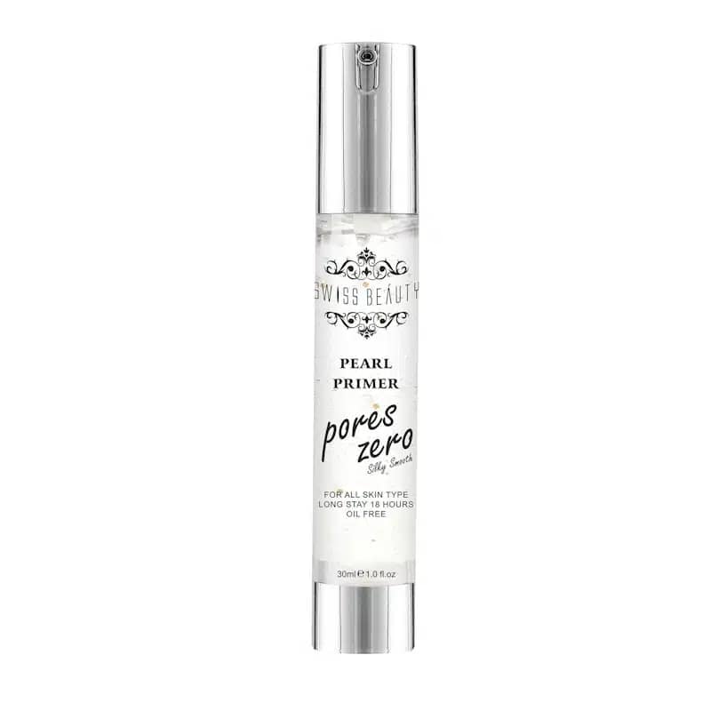 Swiss Beauty Pearl Primer Pores Zero, clear bottle with pump dispenser, standing on a white background. - thumbnail
