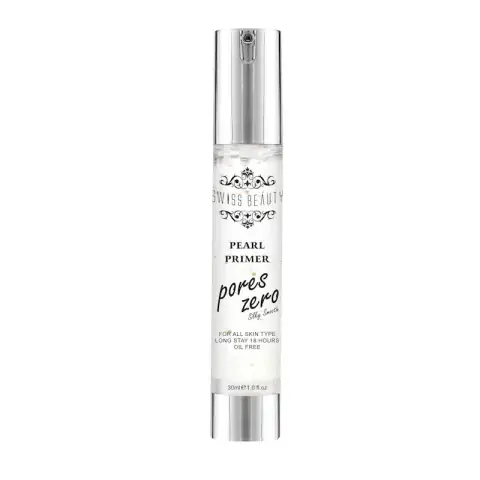 Swiss Beauty Pearl Primer Pores Zero, clear bottle with pump dispenser, standing on a white background.