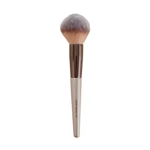 Swiss Beauty powder brush featuring a sleek black handle, silver ferrule, and fluffy white bristles.
