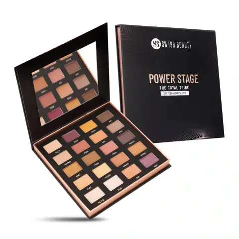 Open Swiss Beauty Power Stage 20-color eyeshadow palette showcasing diverse matte and shimmery shades.