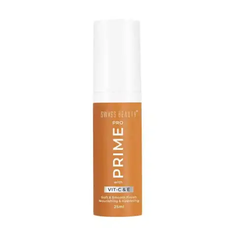 Swiss Beauty Prime Pro With Vit-C&E 25ml transparent bottle with white pump dispenser.