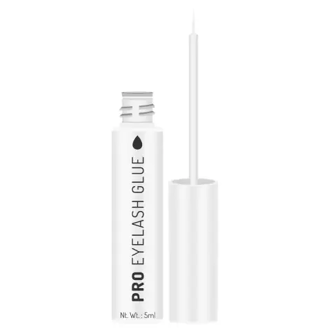 Front view of Swiss Beauty Pro Eyelash Glue white tube, blue cap, and applicator brush.