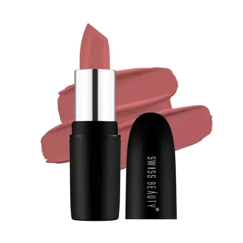 Swiss Beauty Pure Matte Lipstick Bare 213 in its sleek black and gold closed tube.