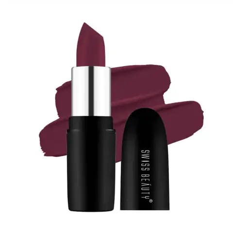 Swiss Beauty Pure Matte Lipstick Brandy Harrington 230 in sleek dark tube with gold branding.