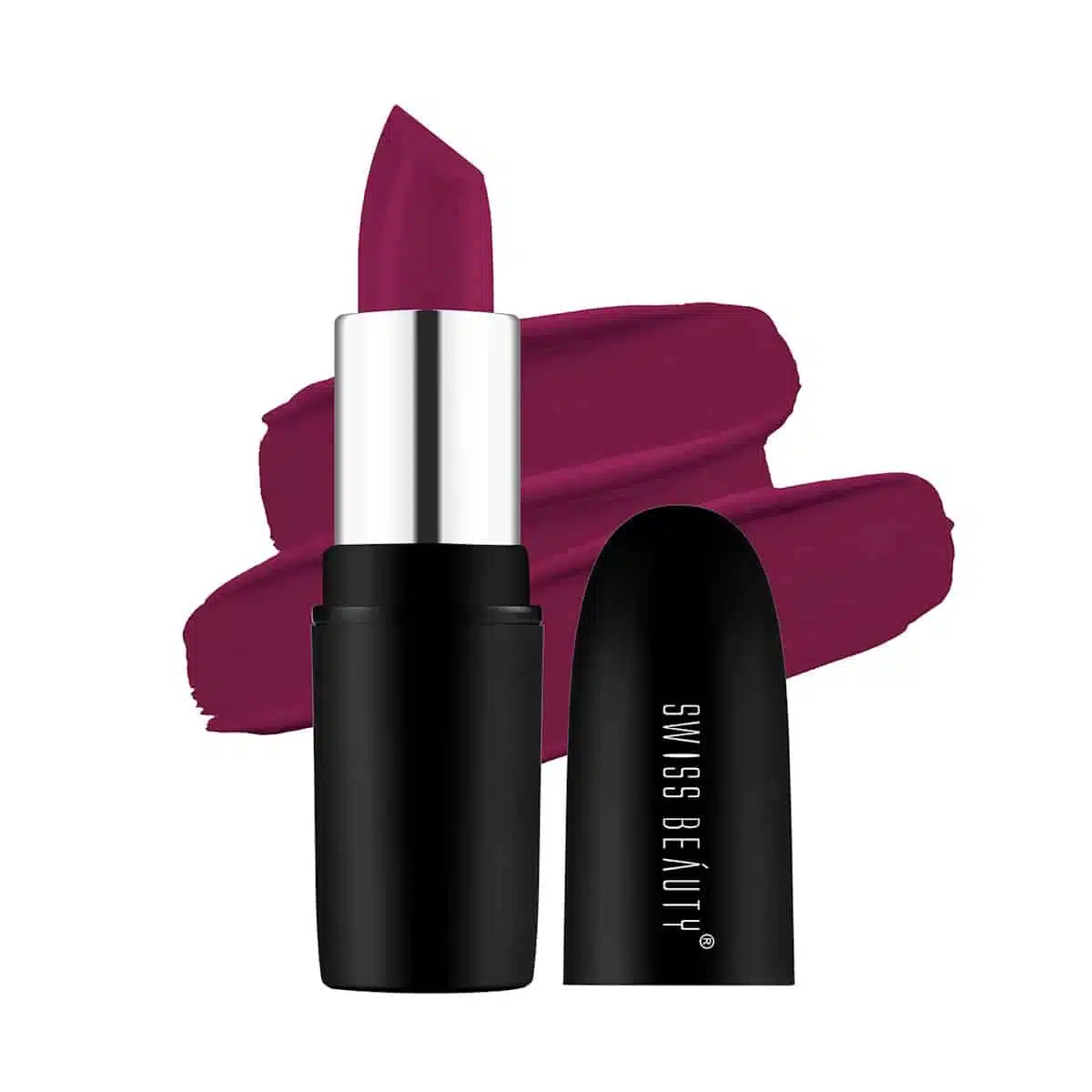 Swiss Beauty Pure Matte Lipstick in Burgundy 210, sleek black tube with gold details, standing upright. - thumbnail