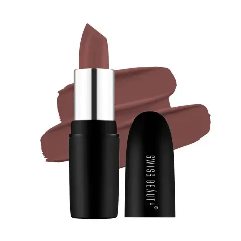 Swiss Beauty Pure Matte Lipstick Hazlenut 203, full product in clear packaging, standing upright.