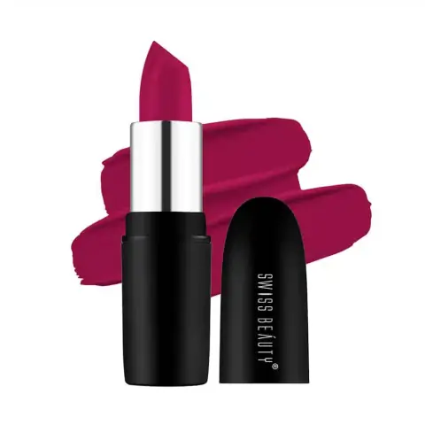 Swiss Beauty Pure Matte Lipstick Magic Maroon 211, sleek black tube, standing upright on a white background.