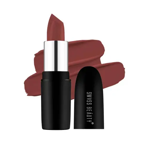 Swiss Beauty Pure Matte Lipstick in sleek black tube with gold accents, standing vertically.