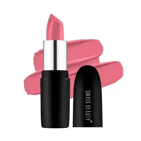 Swiss Beauty Pure Matte Lipstick in Peaches n Cream 202, sleek black tube, clear cap.