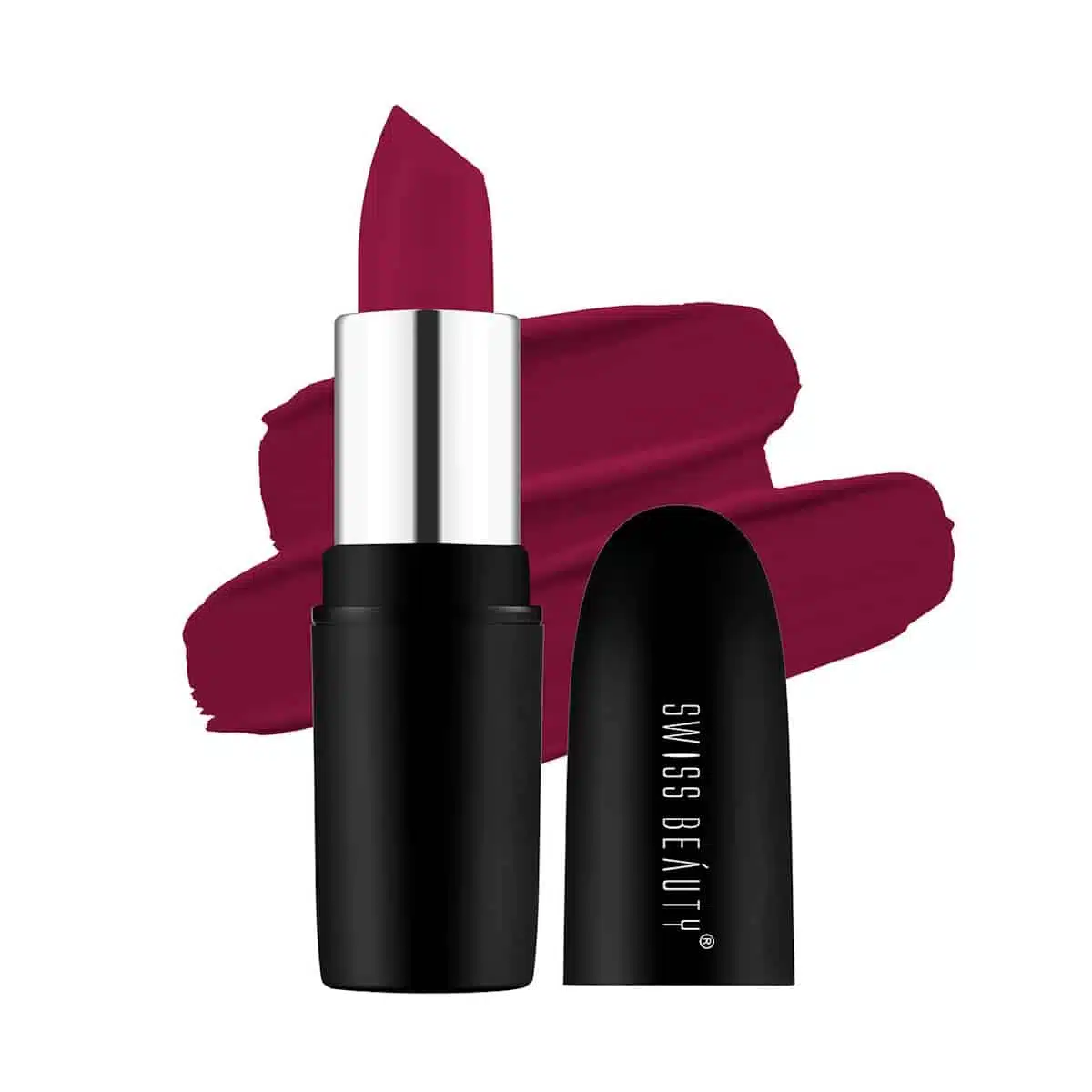 Swiss Beauty Pure Matte Lipstick Raspberry 207 in its elegant closed black tube, front view. - thumbnail