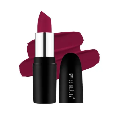 Swiss Beauty Pure Matte Lipstick Raspberry 207 in its elegant closed black tube, front view.