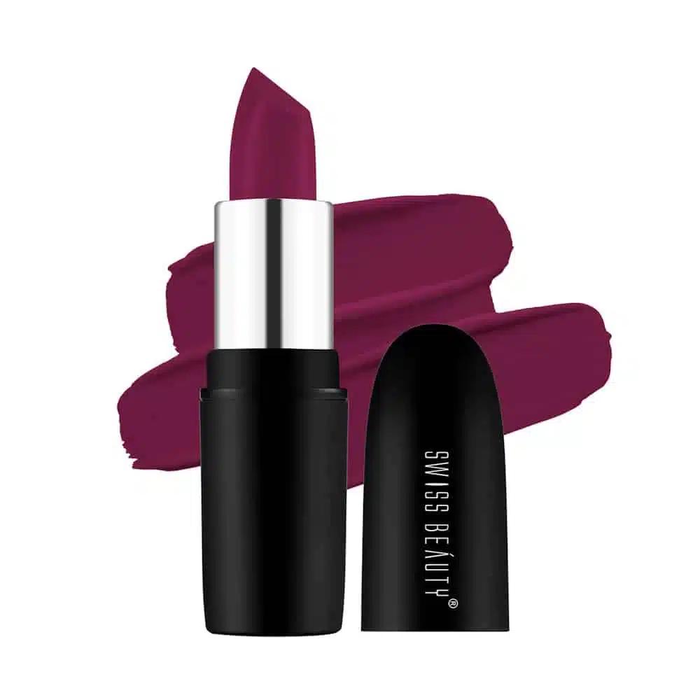 Swiss Beauty Pure Matte Lipstick Red Wine 224, closed black tube with elegant gold branding. - thumbnail
