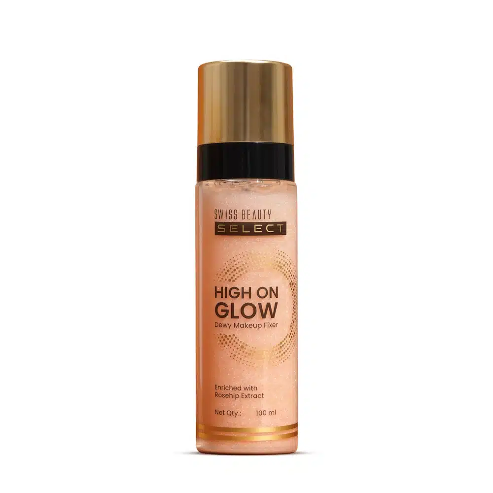 Swiss Beauty High on Glow Makeup Fixer 100ml clear spray bottle with rose gold cap, front view. - thumbnail