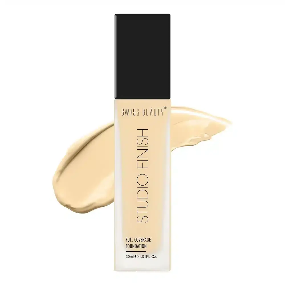 Swiss Beauty Studio Finish Full Coverage Foundation in Ivory Fair, elegant bottle with black pump. - thumbnail