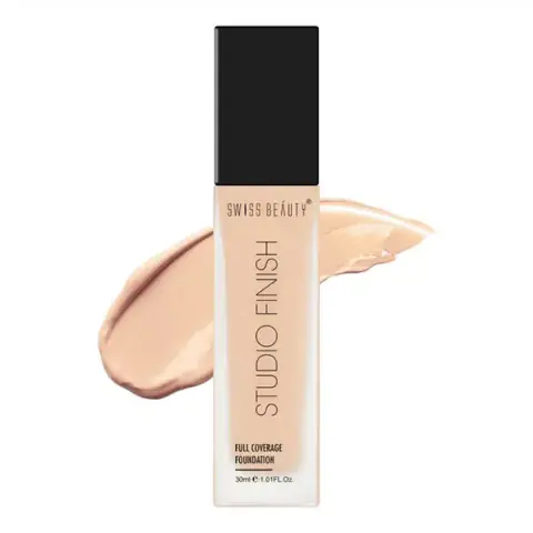Swiss Beauty Studio Finish Full Coverage Foundation Ivory Rose 01 bottle, showcasing pump and gold cap.