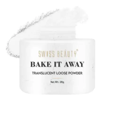 Swiss Beauty Bake It Away translucent loose powder, light pink packaging, visible sifter, and applicator puff.