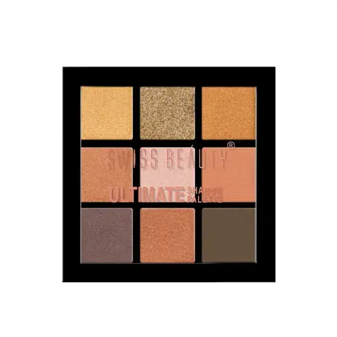 Swiss Beauty Ultimate Eyeshadow Palette, sleek black compact, 9 vibrant shades, closed on a white surface.