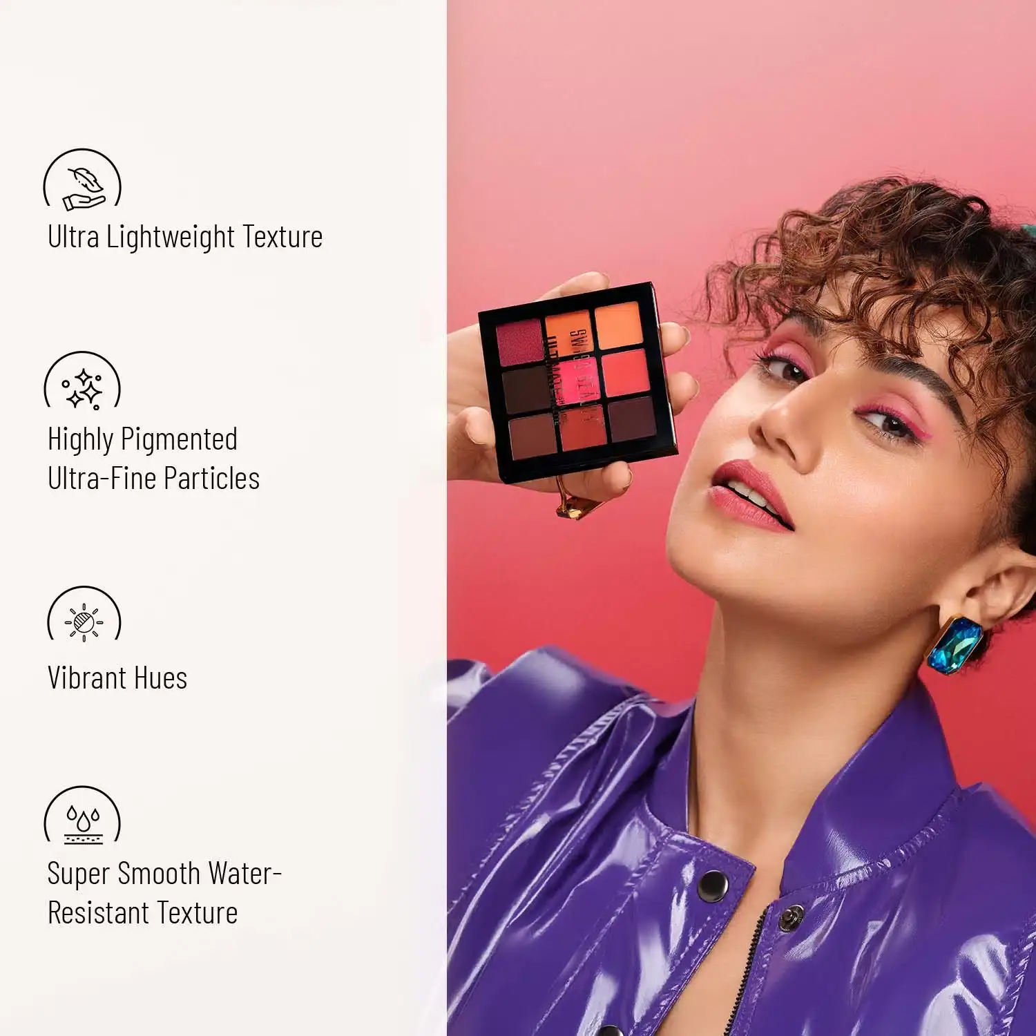 Swiss Beauty Ultimate Eyeshadow Palette open, revealing 9 vibrant shades and a double-ended applicator. - thumbnail