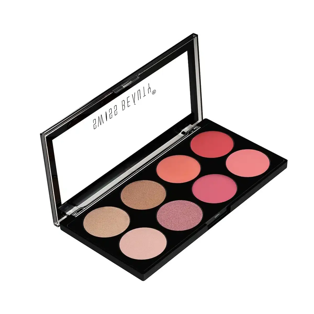 Swiss Beauty Ultra Blush Palette 01 open, revealing four radiant pink and peach blush shades inside. - thumbnail